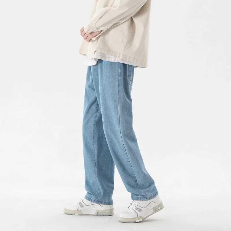 New Korean Fashion Mens Casual Ankle-Length Jeans Classic Man Straight Denim Wide-leg Pants Light Blue Grey Black 3XLX241009