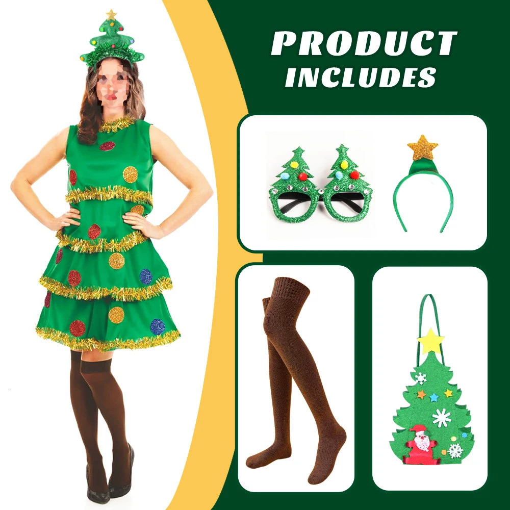 Womens Christmas tree roleplaying costume green pleated sleeveless dress headband socks fancy Halloween party 241007