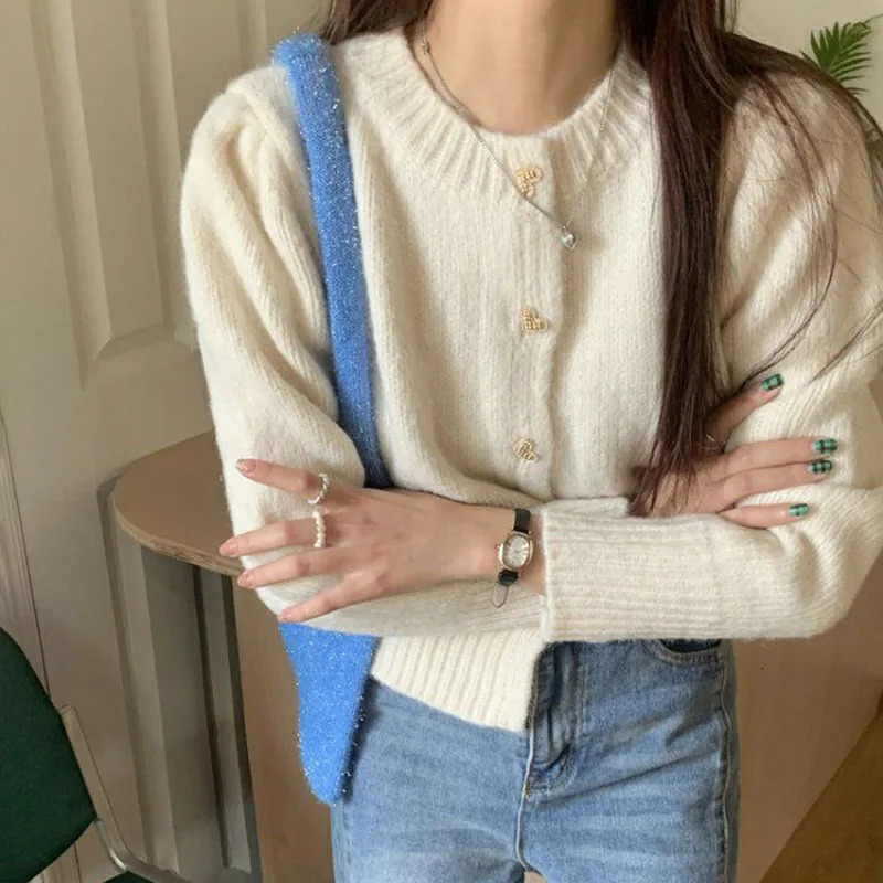 Biyaby Sweet Heart Buttons Sweater Coat Women Autumn Winter Gentle Style Solid Knitted Cardigans Woman Korean Loose Short Jacket 241007