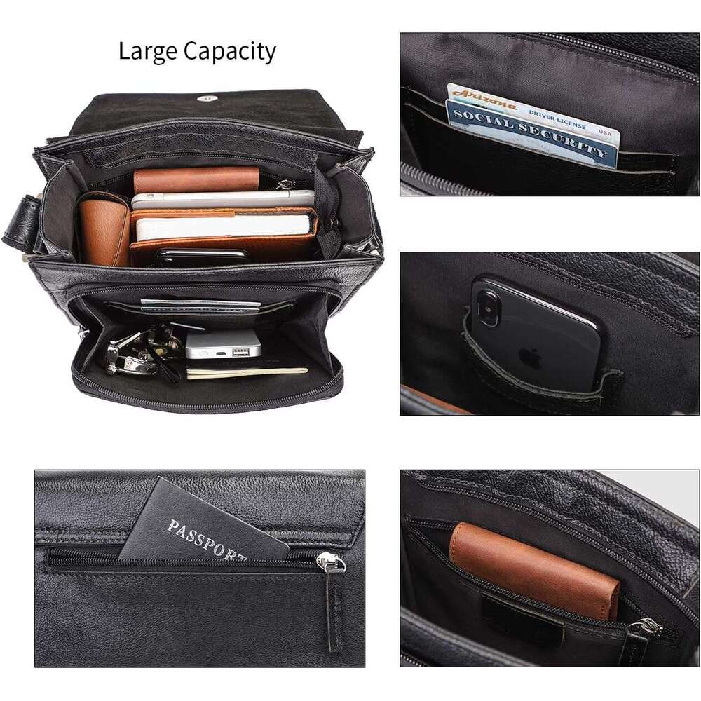 Shoulder Leather Messenger Crossbody Bag for Men Work Business Vintage Magnetic Buckle Big Capacity Adjustable straps