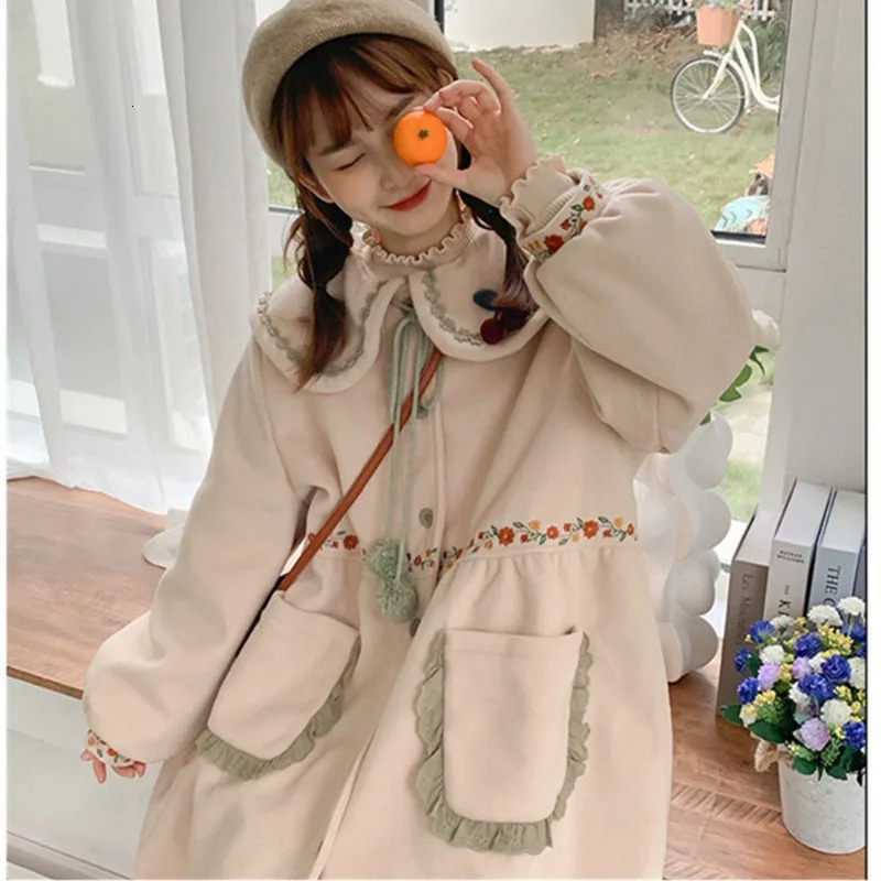 Women Coats Peter Pan Collar Ruffle Embroidered Single Breasted Coat Autumn Sweet Mid Length Large Pocket Lady Clothing 240930