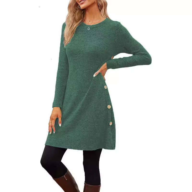 2024 long sleeved low round neck button up side dress with pockets womens clothing