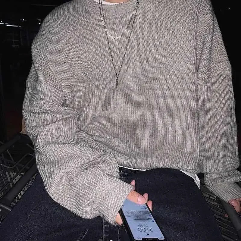 Mens Round Neck Sweater 2023 AutumnWinter Knit Loose and Thickened Korean Pullover Men Clothes 240930