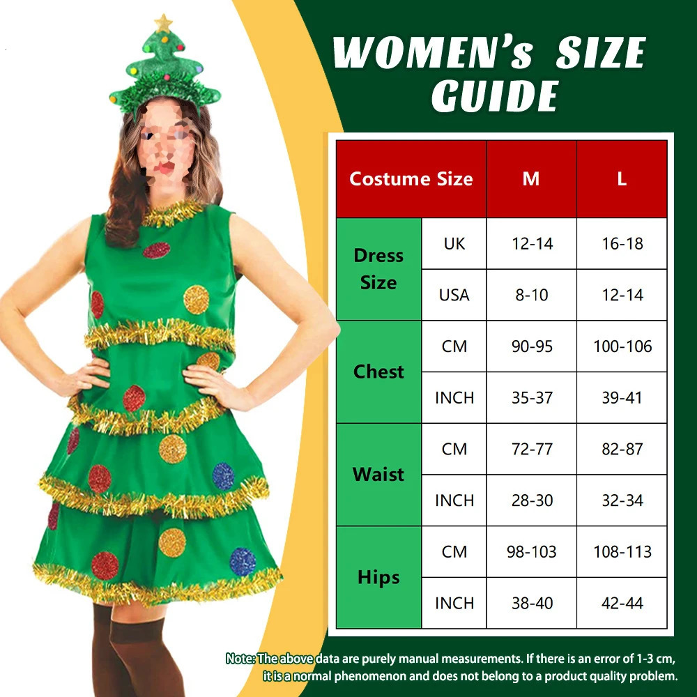 Womens Christmas tree roleplaying costume green pleated sleeveless dress headband socks fancy Halloween party 241007