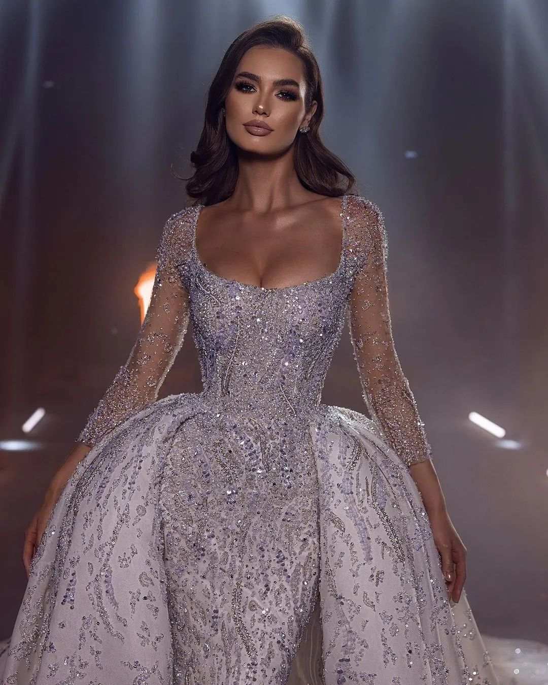 Luxury Mermaid Wedding Dress Crystal Beaded Sequins Long Sleeve Bride Gowns Detachable Sweep Train Bridal Dresses Custom Made