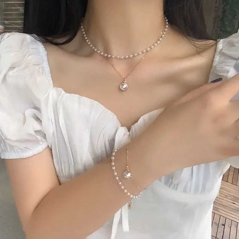 Simulated Pearl Necklace Cute Double Layer Neck Chain Pendant for Women Charm Choker 2023 Fashion Beads Chain Jewelry GiftX241009