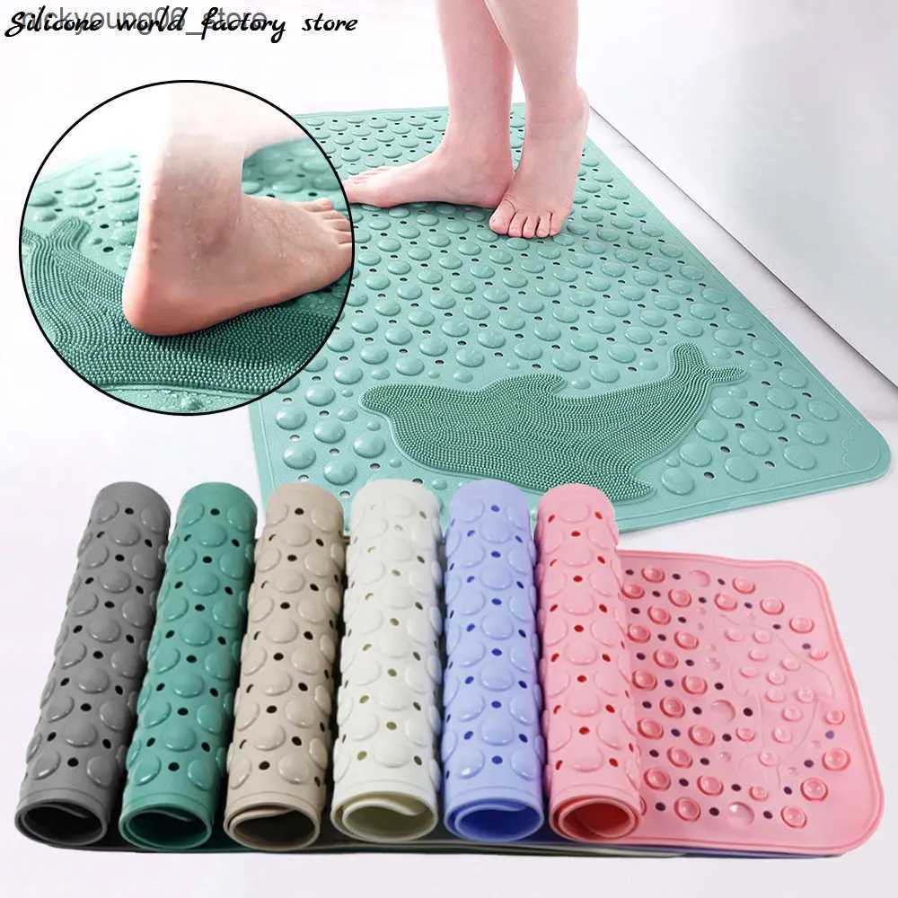 Non-Slip Bath Mats Silicone World Bathroom Anti-skid Mats PVC Shower Anti Fall Foot Mat Dolphin Massage Suction Cup With Drain Hole Floor Mat L240910