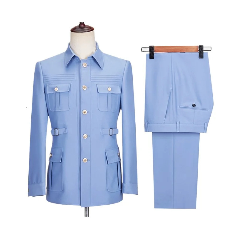 Mens Blazer Blue 2PcsSet Solid Color Suit Single Breasted Lapel Collar Safari Jacket Pant 2Pcs Set Business Occasion Suits 241008