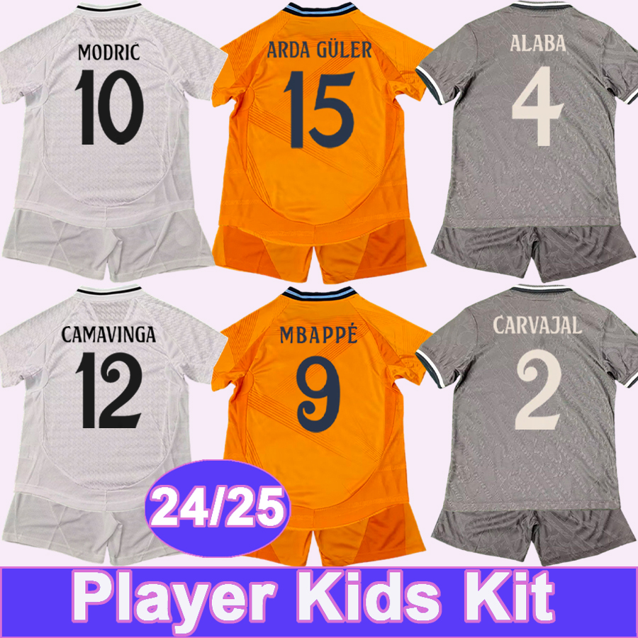 24 25 VINI JR. MBAPPE Kids Kit Player Version Soccer Jerseys BRAHIM ENDRICK RODRYGO VALLEJO CAMAVINGA Home Away 3rd Football Shirt Adult Uniforms