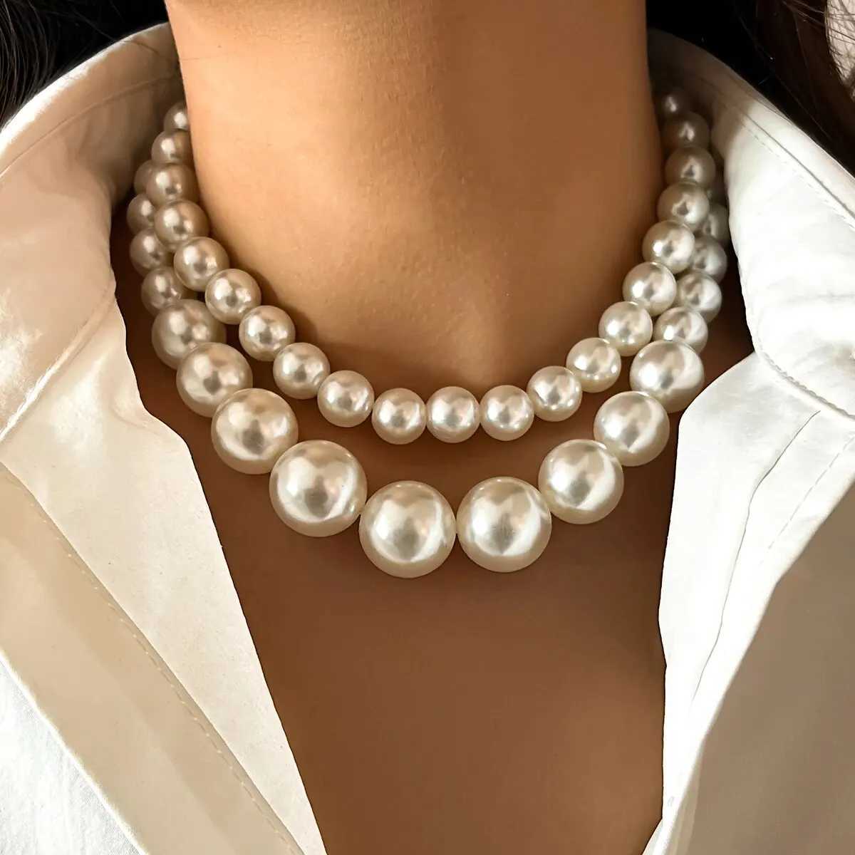 2Pcs/Set Exaggerated Big Imitation Pearl Clavicle Chain Necklace for Women Wed Bridal Goth Beads Choker Grunge Jewelry SteampunkX241009