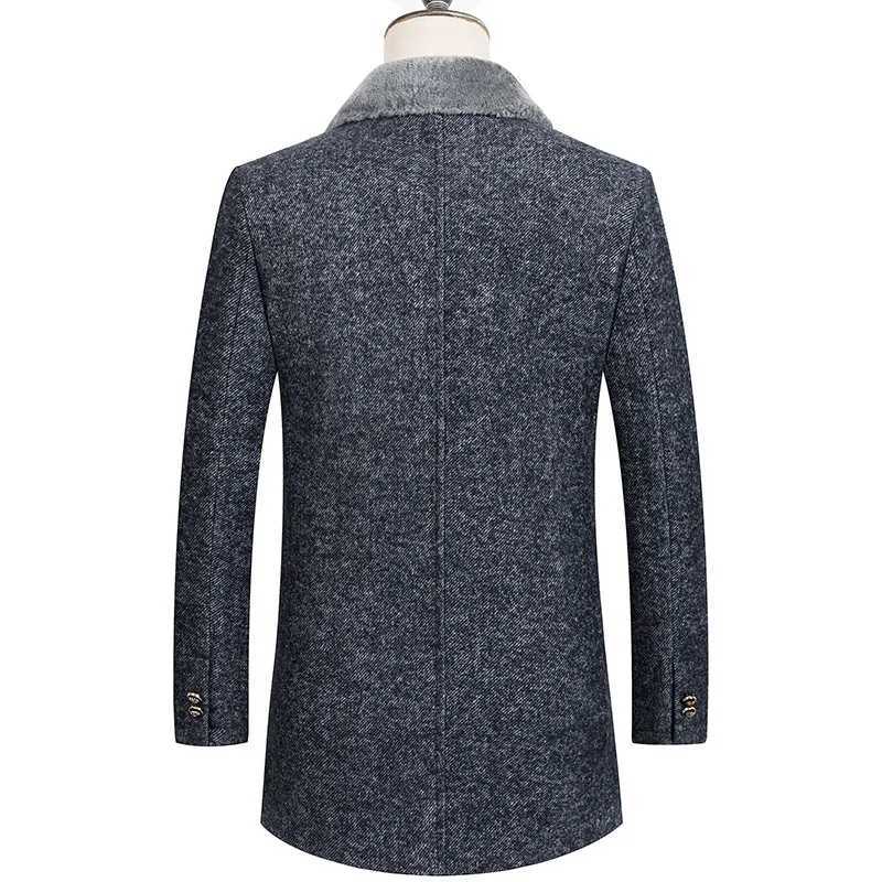 Mens Luxury Herringbone Tweed Wool Coat 2022 Winter Brand Fake Fur Collar Gray Trench Coat Men Slim Fit Overcoat Windbreaker LX241010