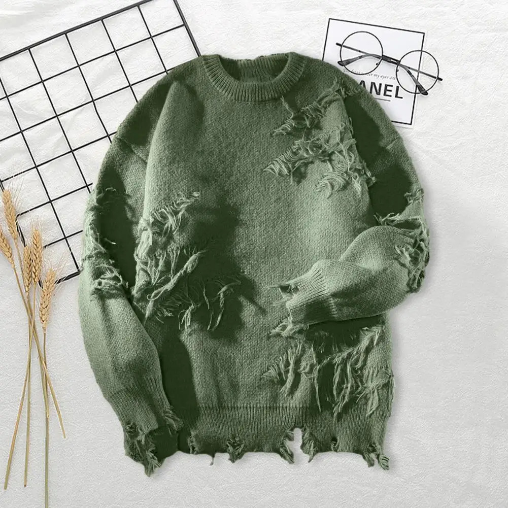 High Street Hip Hop Men Sweater Ripped Round Neck Knitted Irregular Holes Vintage Casual Loose Pullovers 240930