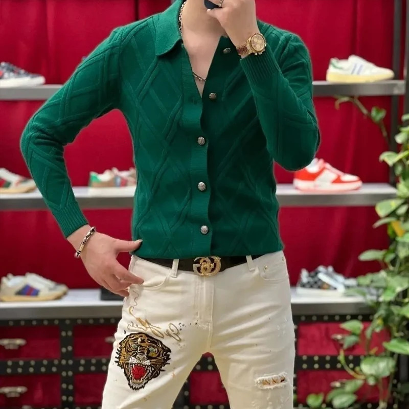 Autumn and winter solid color fashionable long sleeved sweater mens street casual button jacquard weave fully matched Y2K cardigan 241007