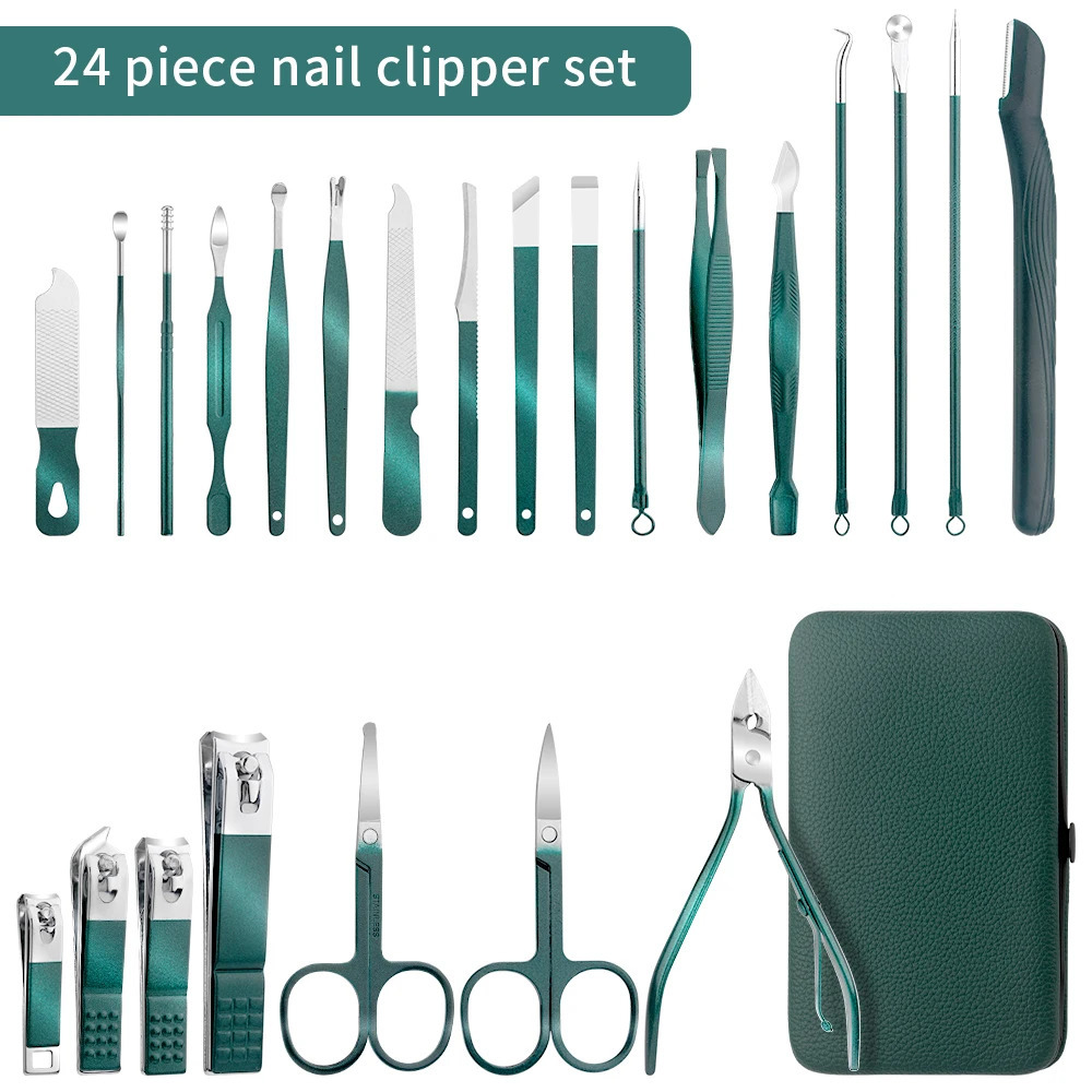 24 piece green stainless steel nail clipper and pedal clipper set - portable manual and pedal tool nail clipper set 240927
