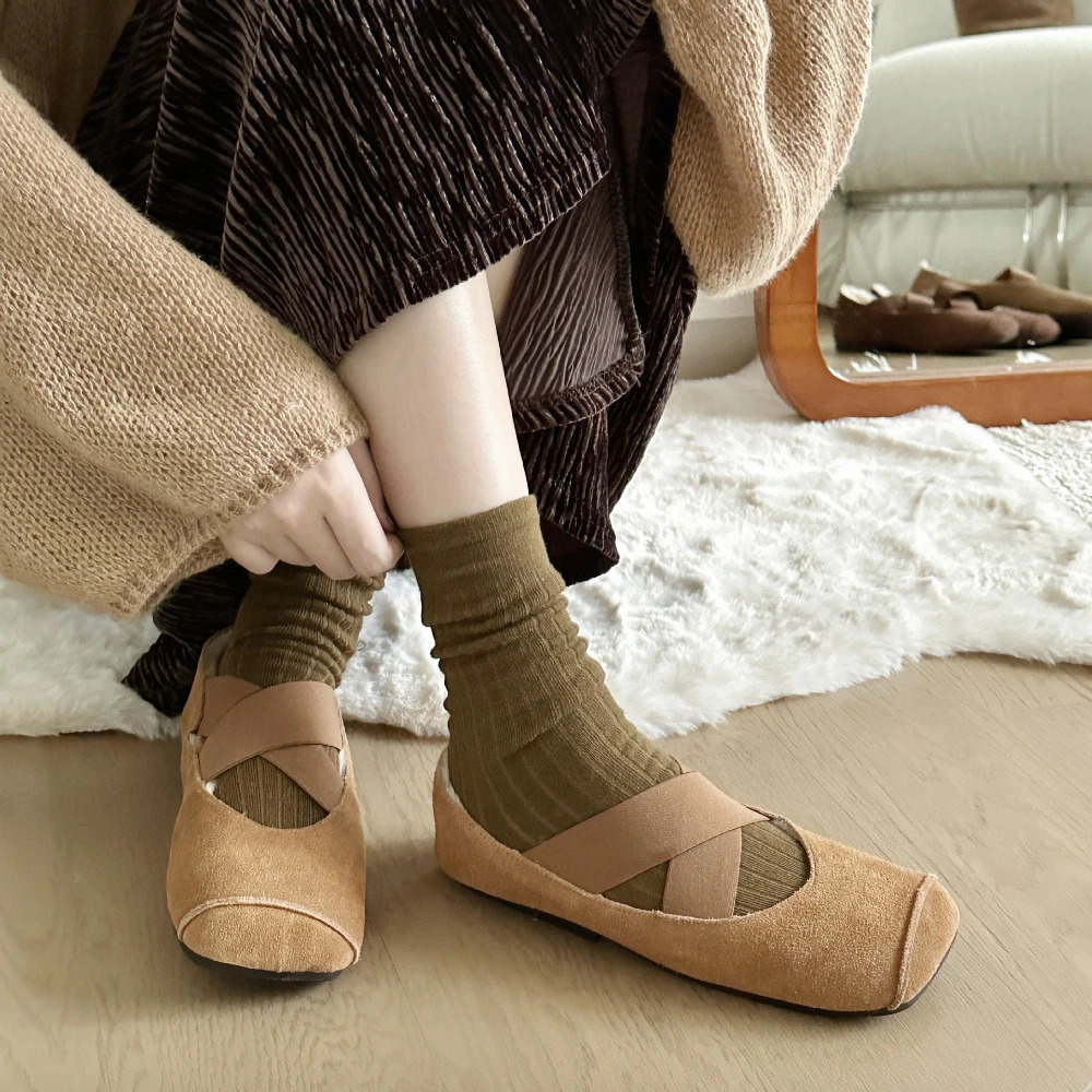 Autumn/Winter Cotton Shoes Cross Belt Mary Jane Womens Shoes Kai Si Mi Square Hair Shoes Womens Shoes 241007