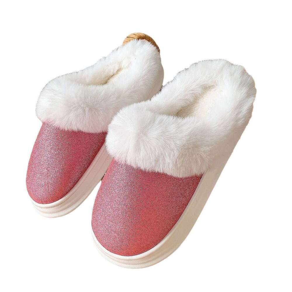 Women Shoes Baotou Frosted Glitter Fur Slippers Warm Home Anti Slip Cotton Mop Thick And Warm Cotton Slippers With Velvet High Quality