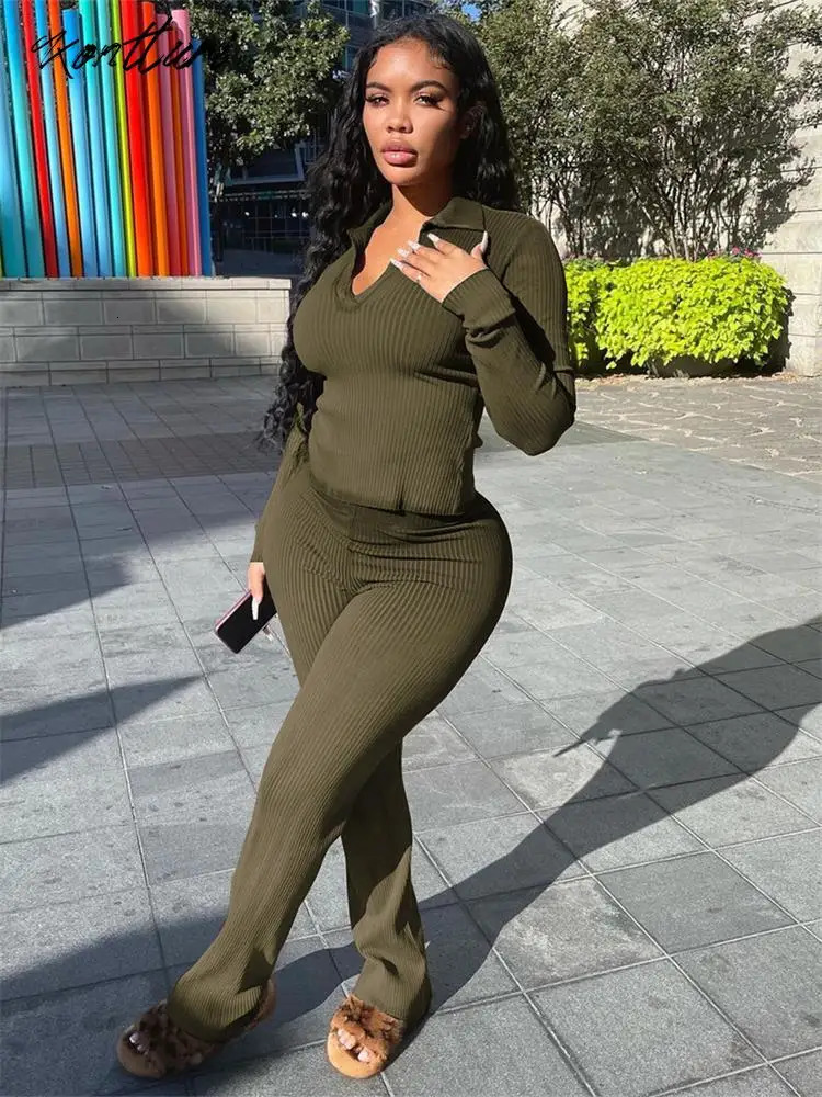 Kontturi Fall casual ribbed twopiece womens dress Vneck long sleeved top fashionable black solid pants matching set for women 241008
