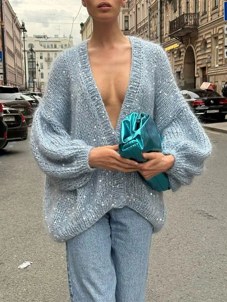 Womens Sequined Vneck Solid Color Casual Knitted Cardigans Loose Lantern Long Sleeved Buttoned Coats Lady Chic Street Knitwear 241007