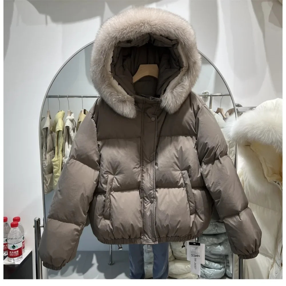 Real big fur collar hooded fur coat inflatable jacket fashionable white duck down jacket womens winter womens loose coat 241007