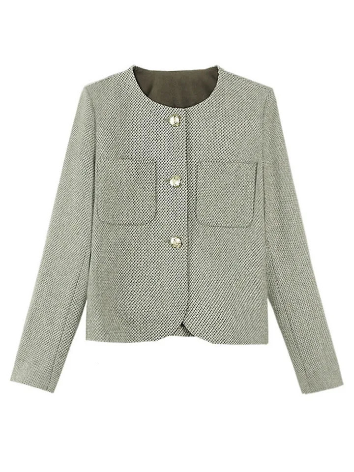 Jmprs Korean fashion coarse woolen jacket womens casual fashion long sleeved elegant jacket sweet O-neck womens autumn and winter jacket style 240930