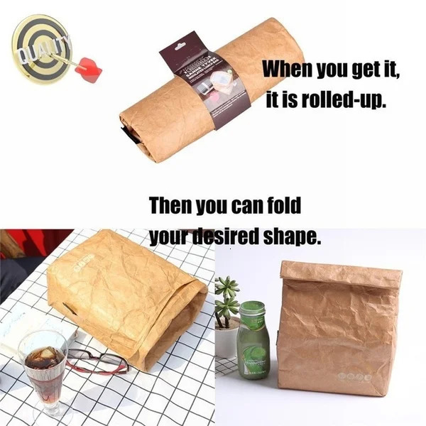 Brown Paper Lunch Bag Reusable Insulated Thermal Cooler Sack Magnetic Clre 240925