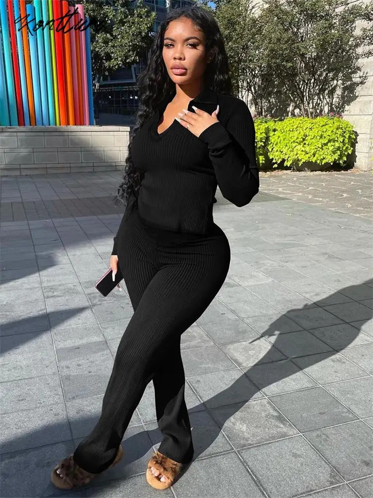 Kontturi Fall casual ribbed twopiece womens dress Vneck long sleeved top fashionable black solid pants matching set for women 241008