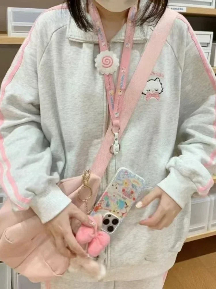 HOUZHOU Japanese Fashion Kawaii Zipper Hoodie Womens Harajuku Cute Pink Cat Embroidery Super Large Sweater Winter 241010