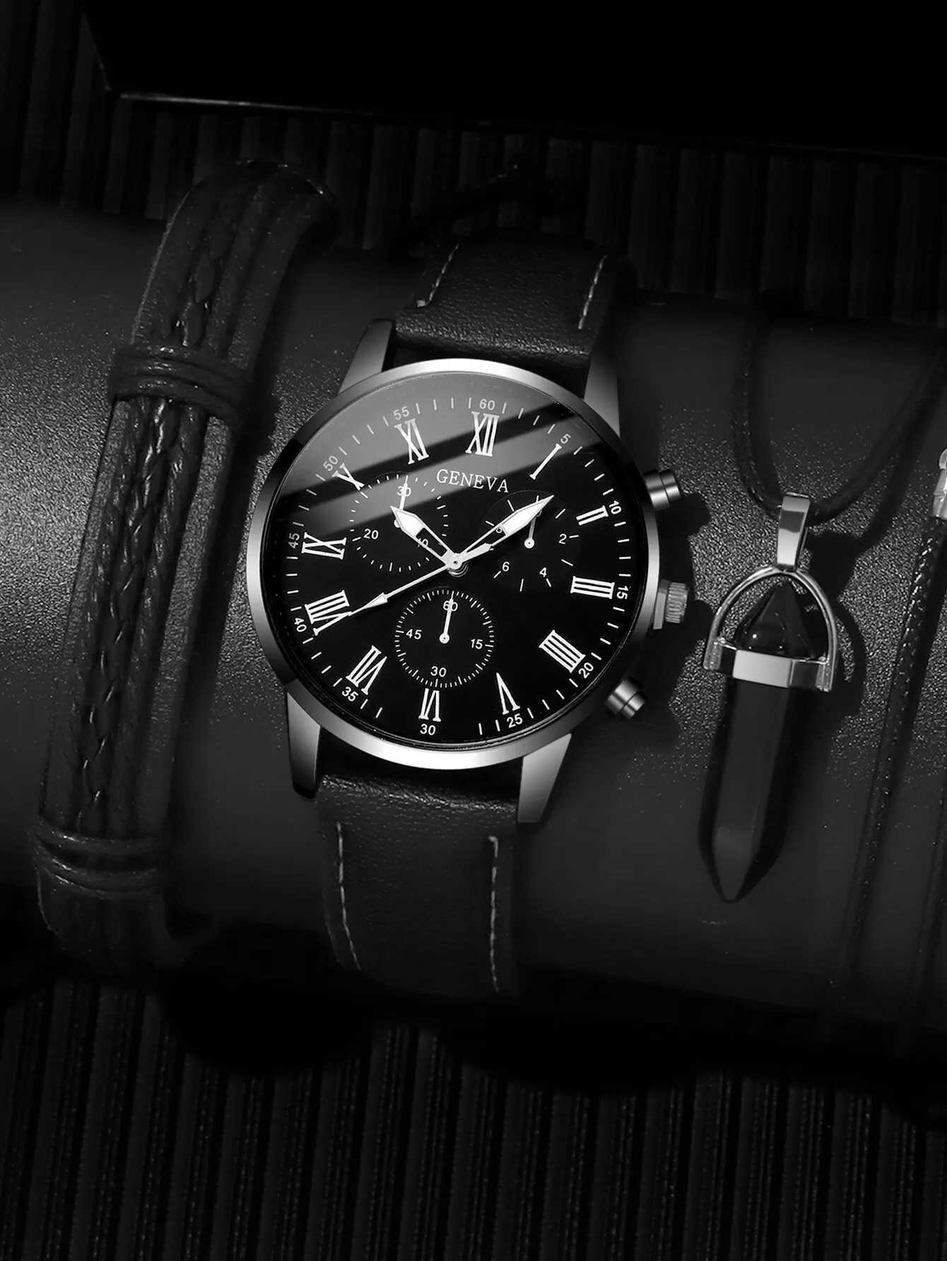 3PCs Fashion Business Casual Mens Belt Quartz Watch with PU Leather Woven Bracelet Necklace Combination SetX241010