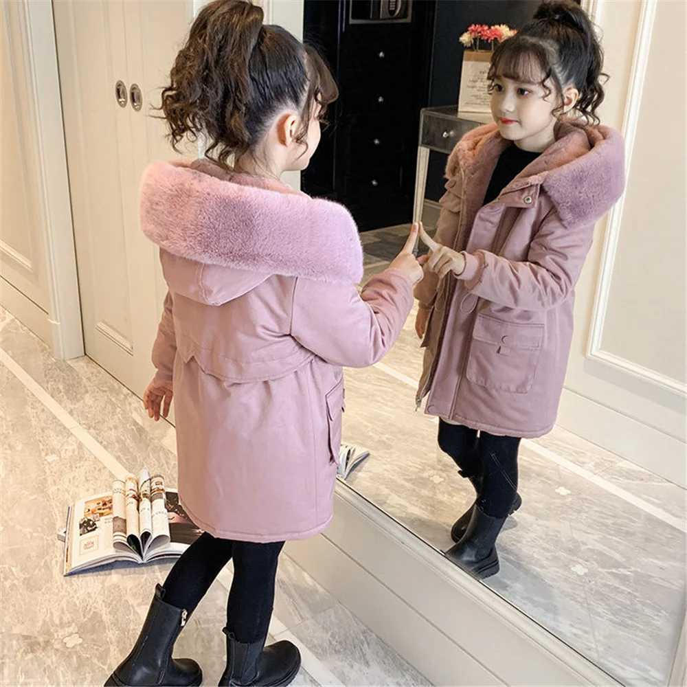 Down Coat Girl clothes Winter Long faux fur coat Warm Plus Velvet Cotton jacket s Thicken Parka children Clothing Hooded Outerwear H241010