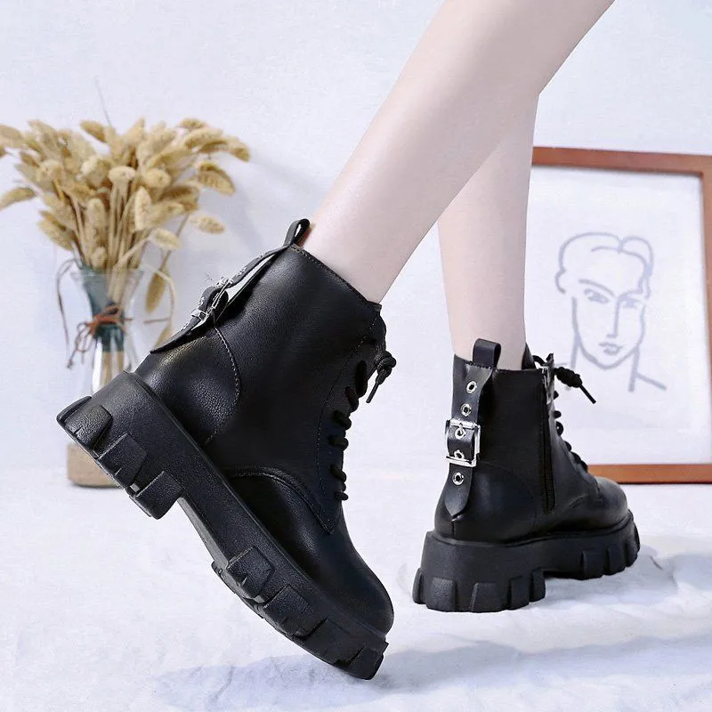Round Toe Med Heel Boots Women Shoes Autumn Boots-Women Booties Ladies Lace Up Designer Lolita Black 2020 Rubber Flat