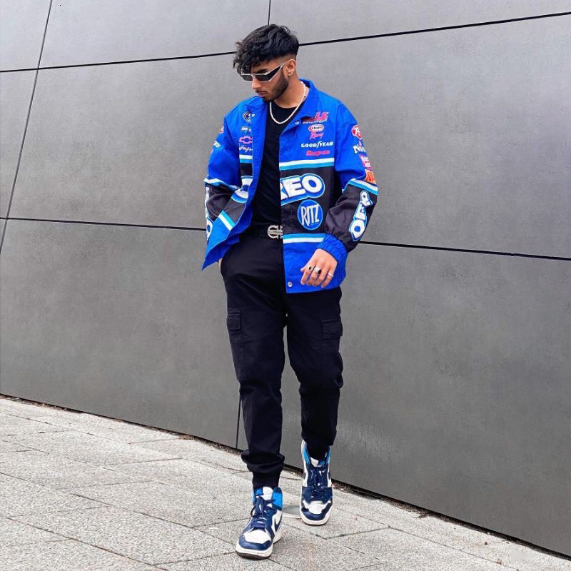 2023 Winter New Cross border Amazon Sports Style Blue Printed Casual Loose Long Sleeve Windbreaker Jacket