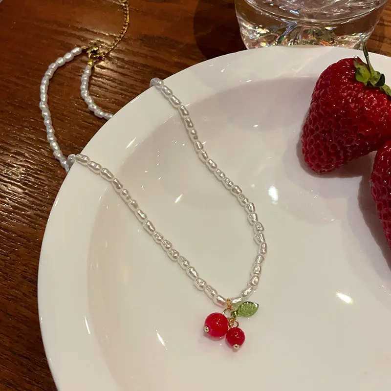 Kiss Jewelry Kpop Summer Red Cherry Leaf Pendant Pearl Beaded Necklace for Women Y2K Korean Fashion Sweet Choker 2023 TrendyX241009
