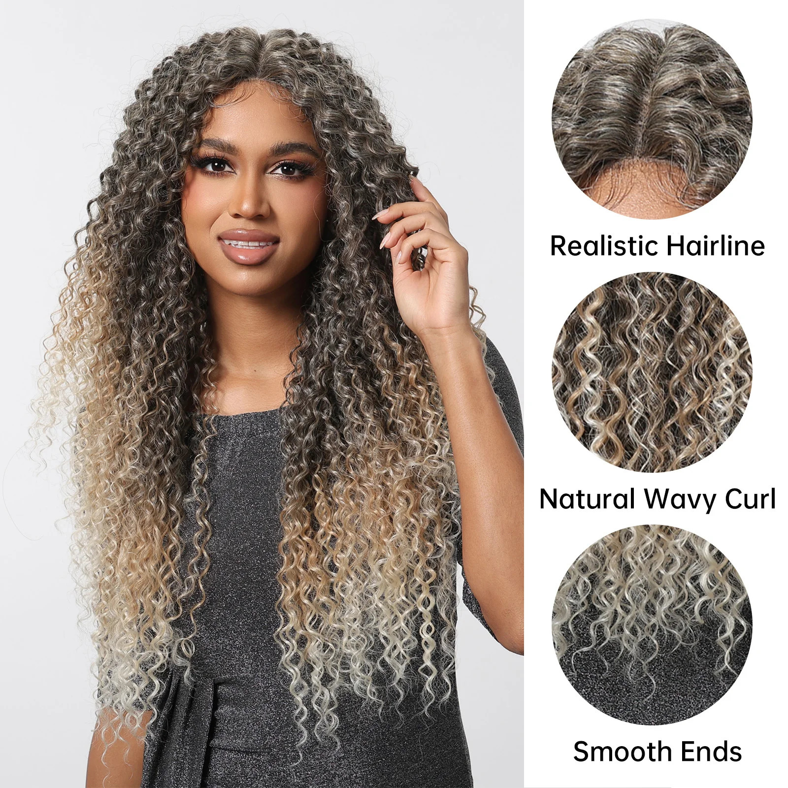 Long Twisted Curled African Lace Front Synthetic Wig Grey Golden Hair White Gold Wig Deep Curled Wig Black Brazilian Female T Part Lace 241007