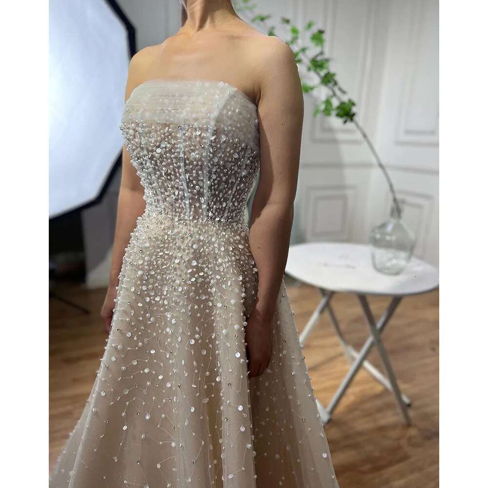 Serene Hill Arabic Beige Strapless Beaded Elegant A e Long Evening Dresses Gowns For Women Wedding Party 2024