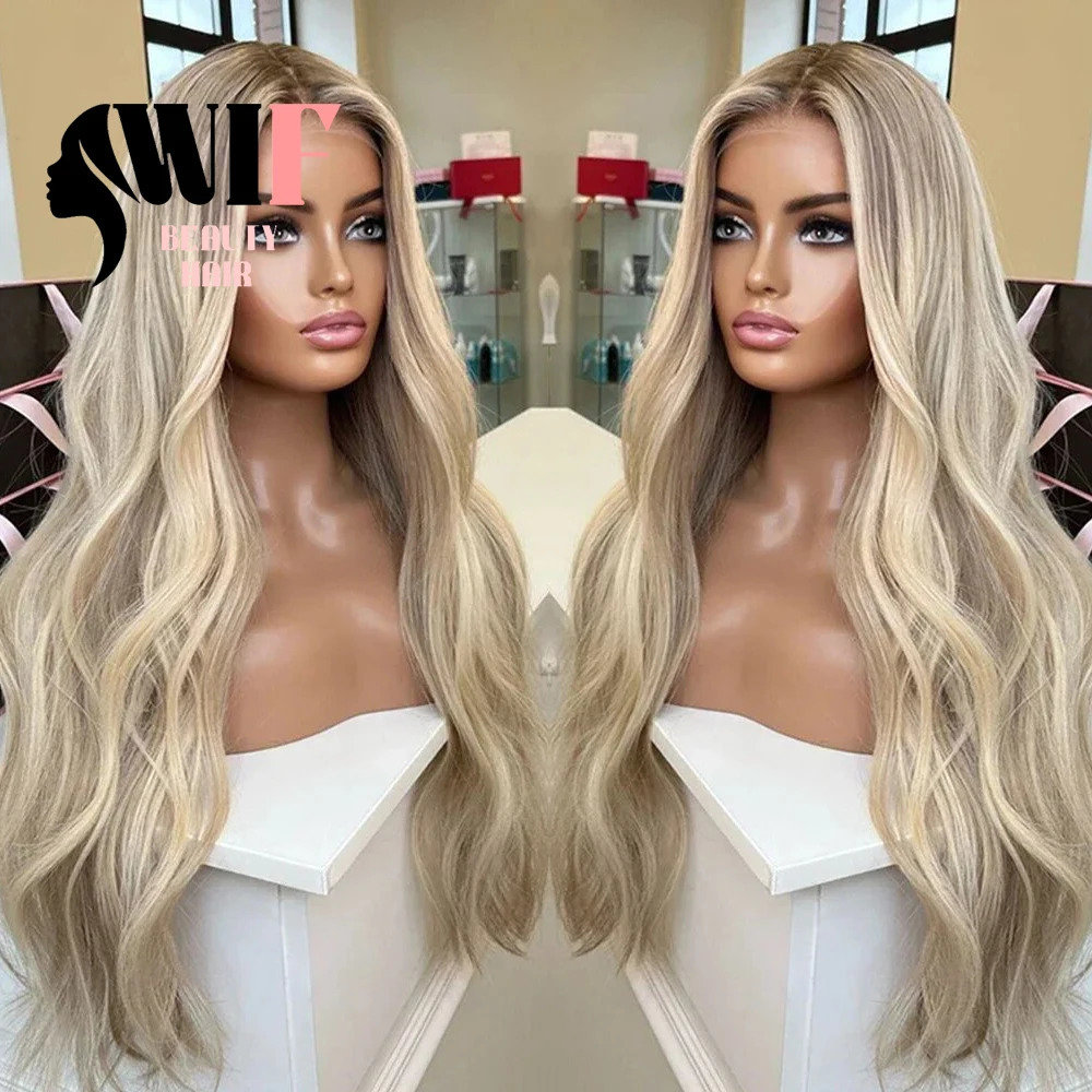 WiFi Body Wave Ombre Blonde Synthetic Lace Wig Long Wave Natural Hair Hagen Grey Blonde Lace Front Wig Makeup Use Hair 241007
