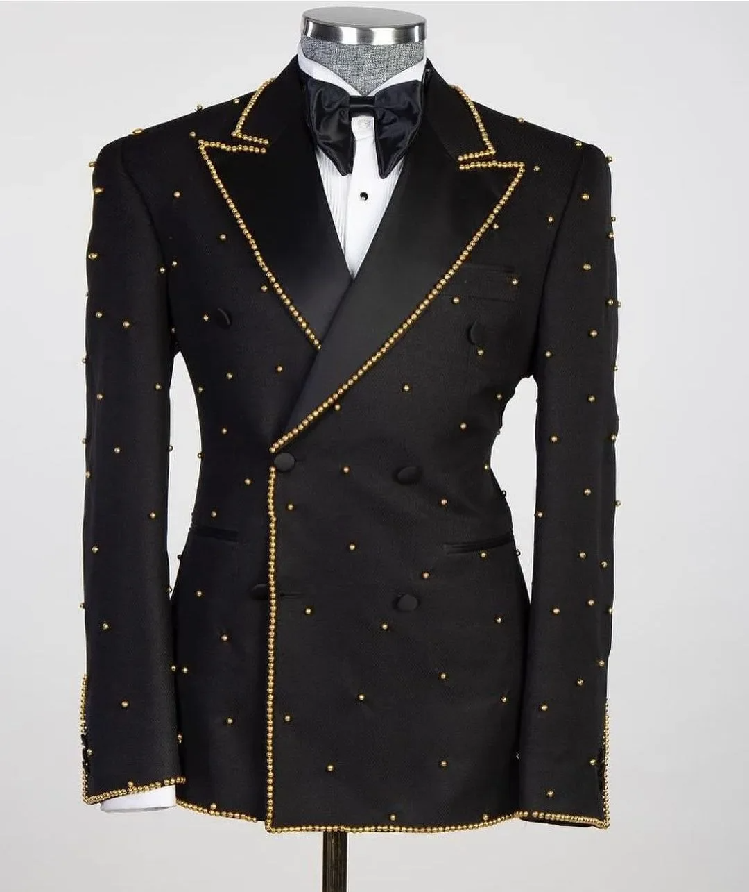 Gold Beads Mens Wedding Tuxedos Beading Peaked Lapel Custom Made Jacket Pants Suits 2 Pieces Birthday Party Prom Groom Wear