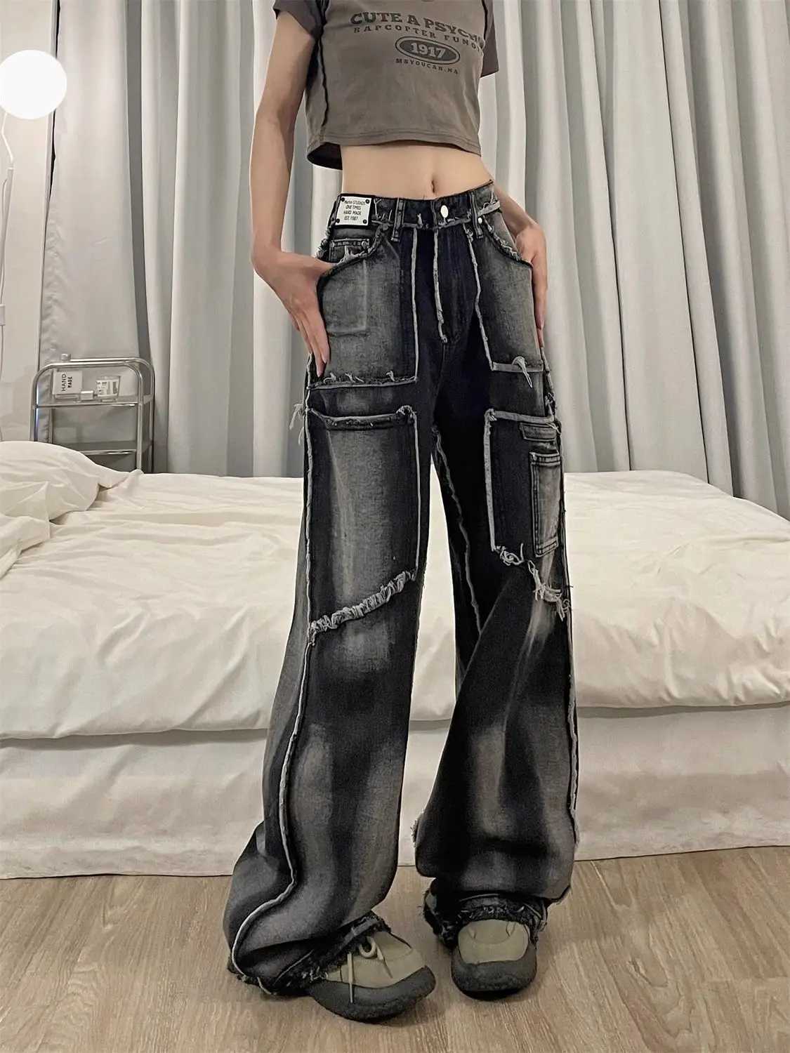 American high street hip-hop men and women trend tie dye fringed straight leg jeans autumn loose personality retro casual pantsX241009