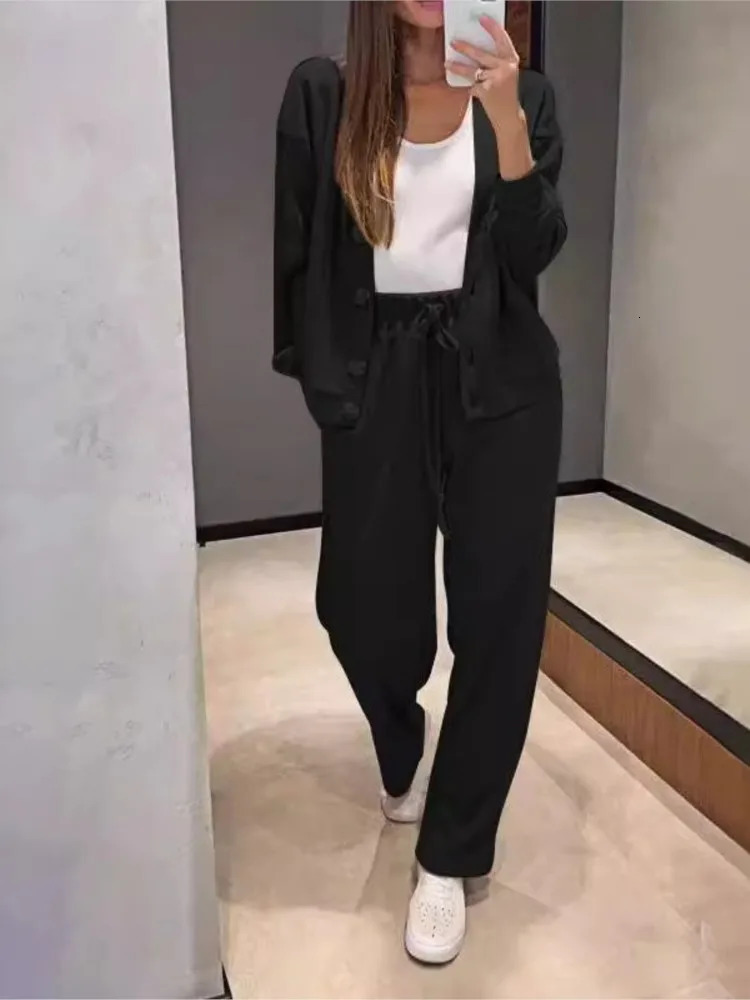 Simple solid color sports pants set for womens casual knitted Vneck cardigan high waisted Trouser style twopiece women 241008