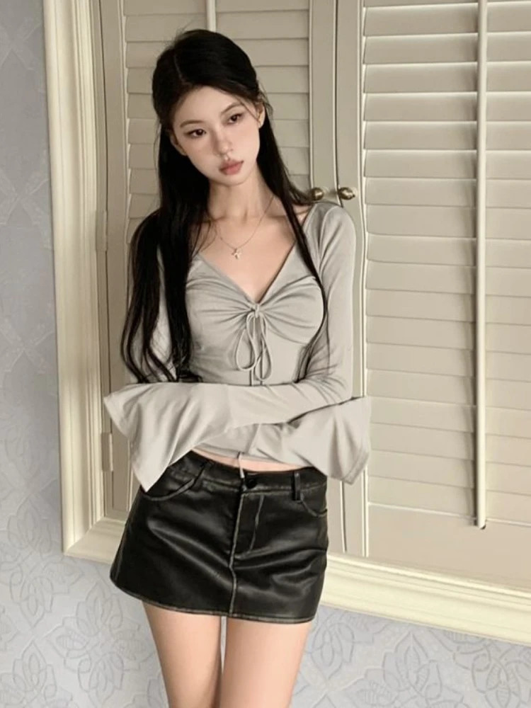 Y2k T-Shirts Women Flare Sleeve Slim Chic Spring High Street sweet American Style Harajuku College Tops Tees Retro All-match 241010