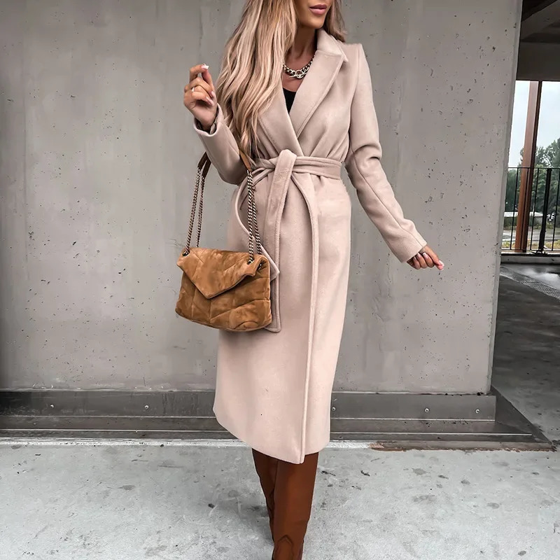 Women Chic Wool Blends With Belt Solid Long Sleeve Adjustable Waist XLong Coats Outerwear Turn Down Collar Elegant 241008