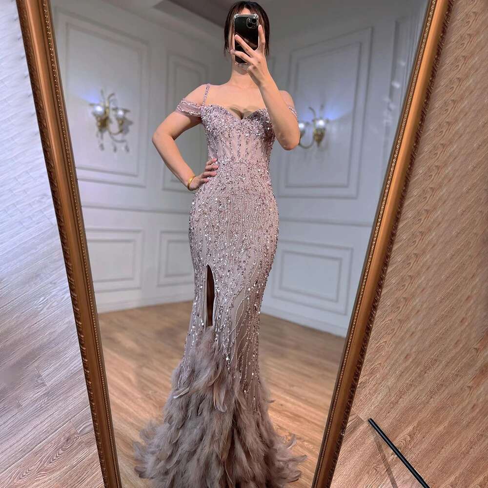 Serene Hill Green Mermaid Sexy High Split Off Shoulder Evening Dresses Feather Beaded Gowns Long 2024 For Women Party GLA71650A
