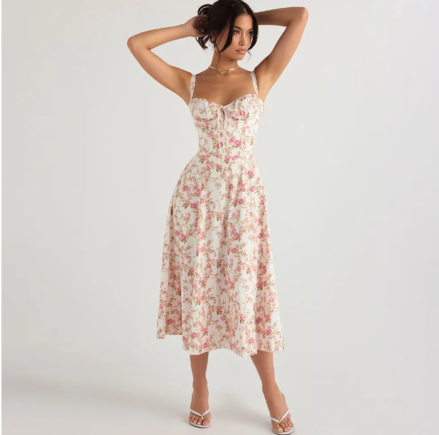 House Of Cb Casual Corset Split Skirt Bow Tie Chest Frill Details Print ral Midi Dresses Back Lace Up Robe Clothing Women's Summer Long Dress 17c