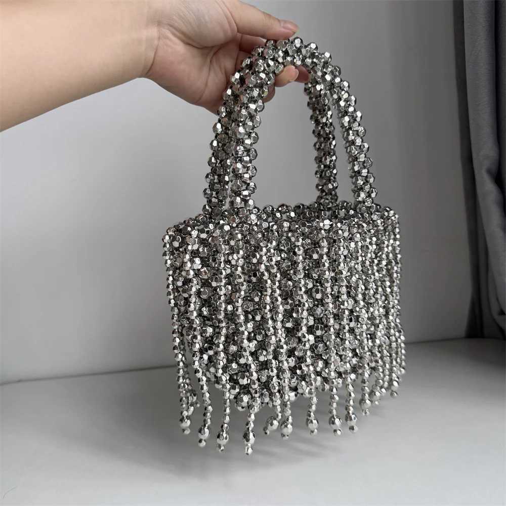 Handmade Silver Beaded Bags for Women Handbags Tassel Fashion Trend Beach Vacation Beading Phone Clutch Party 241010