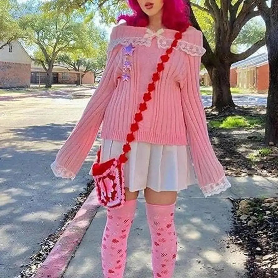 Grunge Womens Off Shoulder Knitted Sweater Pink Pulled Sweetheart Pulled Long Sleeve Butterfly Knot Stickers Work Jumper Y2k Street Clothing 240927
