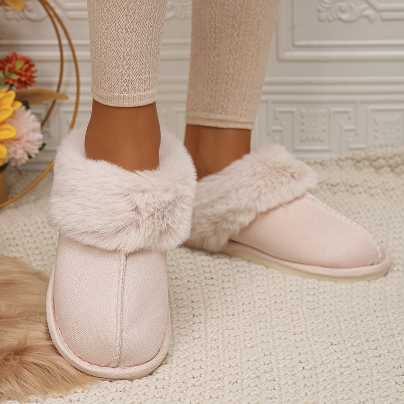 Lucyever Winter Home Fur Slippers Women 2023 New Couples Flat Heels House Cotton Shoes Woman Faux Suede Keep Warm Plush Slides