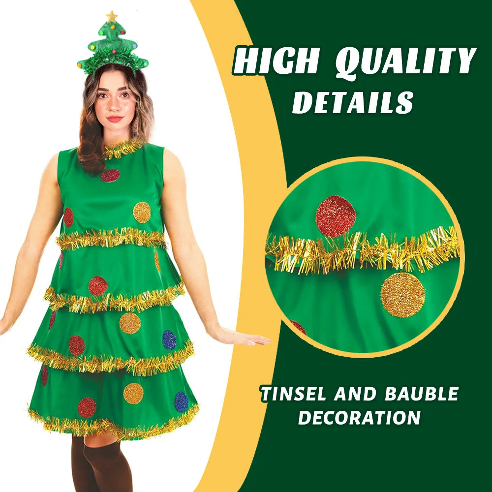 Womens Christmas tree roleplaying costume green pleated sleeveless dress headband socks fancy Halloween party 241007