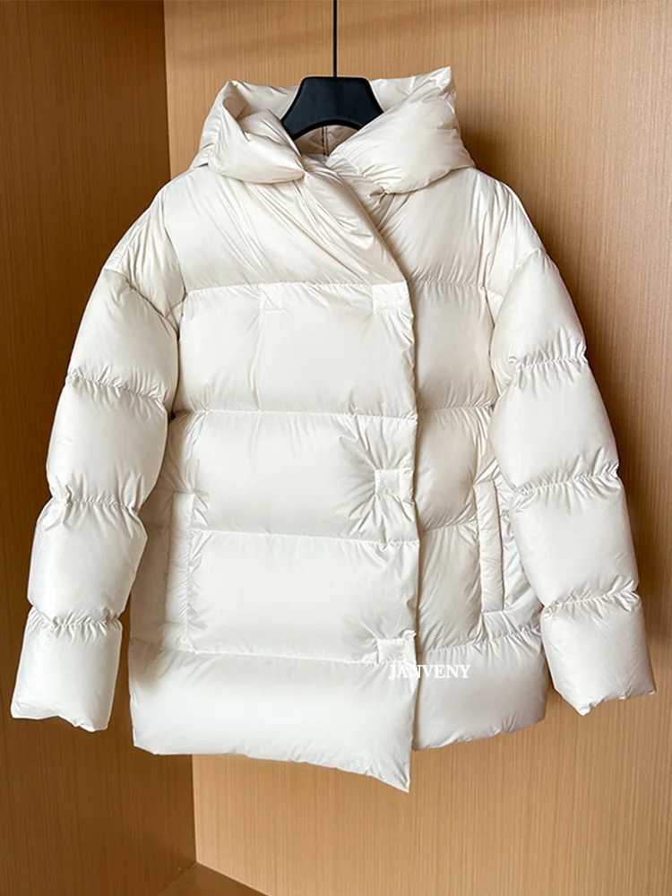 Men's Down Parkas Janveny 2024 New Winter 90% White Duck Down Jacket Womens Short Sleeve Super Large Cap Inflatable Jacket Loose Thick Windproof 