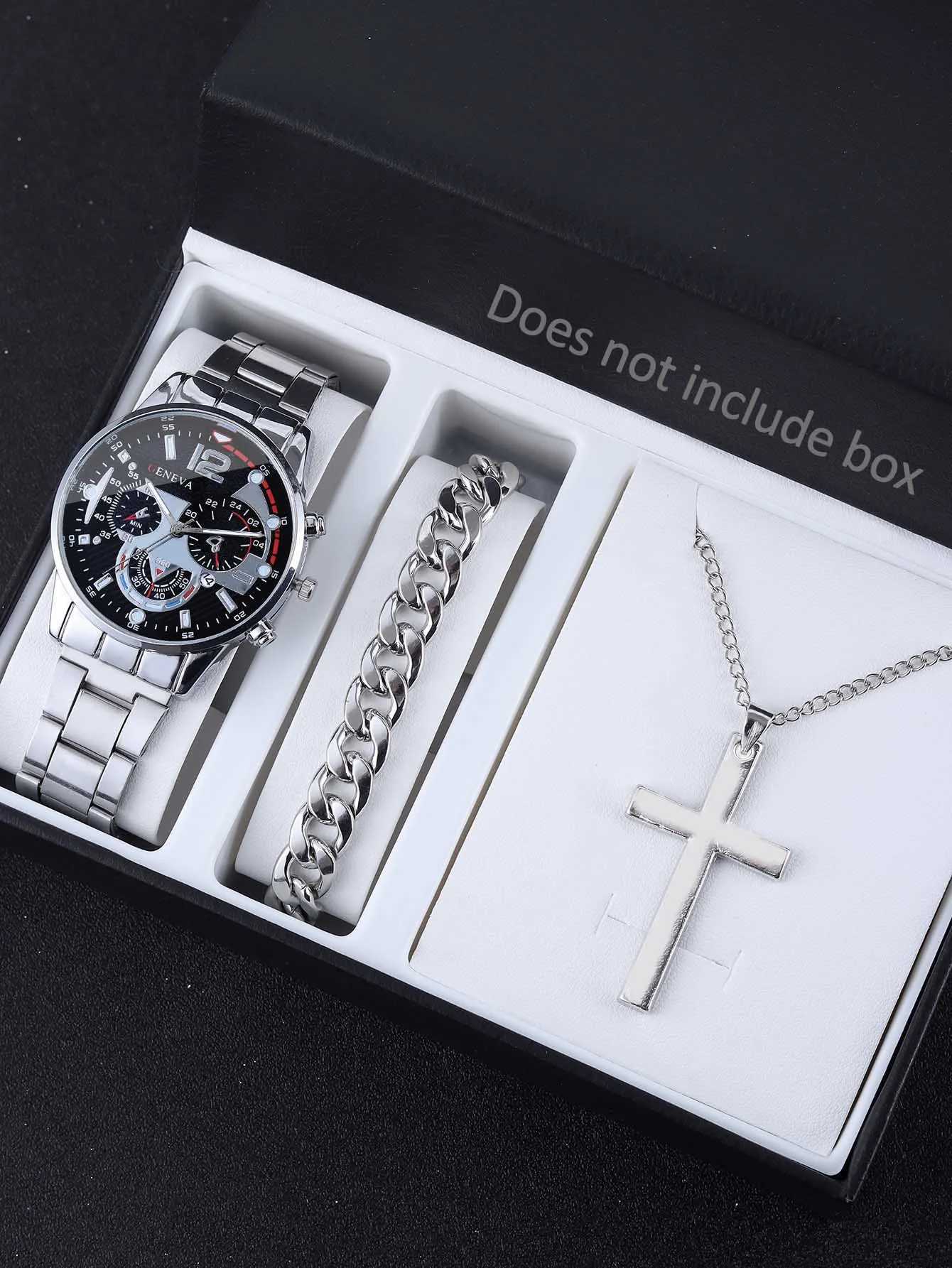 3pcs Business Style Silver White Mechanical design Mens alloy quartz watch with calendar and alloy necklace bracelet setX241010