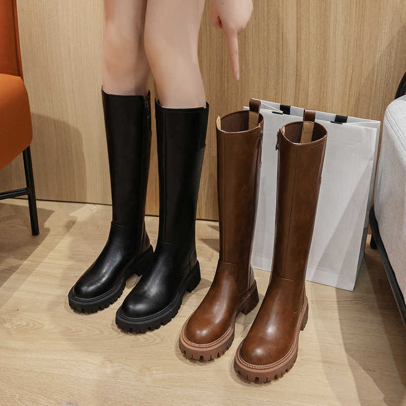 Cylinder Soled Fashion Boots Knight Boots Long Boots For Women Large High Ankle Boots Thick Soled Brown Woman Shoes 240826