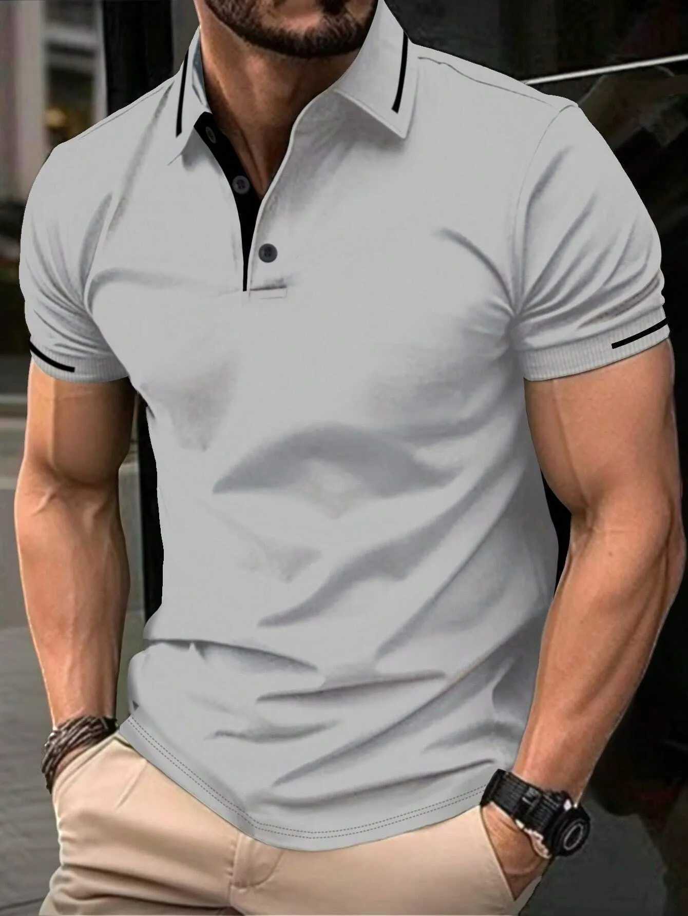 Mens high-quality short sleeved polo shirt high-end casual business T-shirt Henry collar polo high-quality mens T-shirt W241010